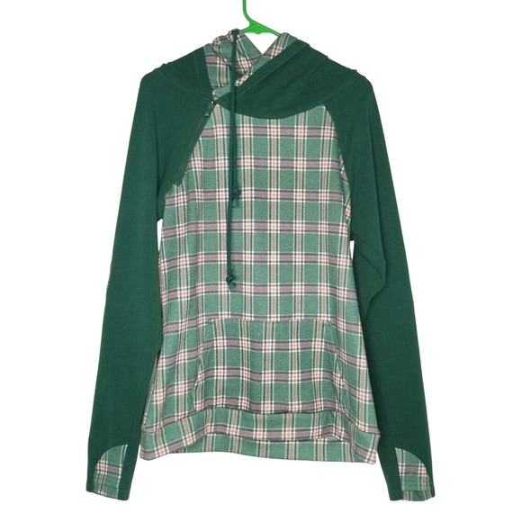 Michelle Mae Sweaters - Michelle Mae Sweater green plaid‎ Asymmetrical double hood size Medium